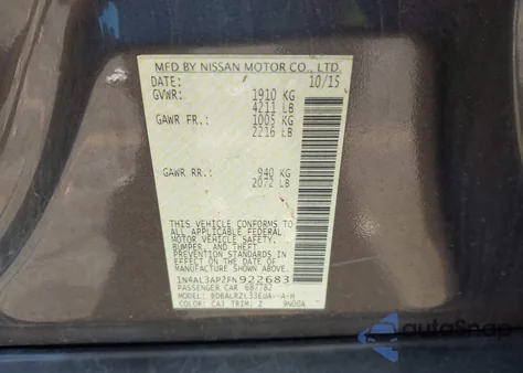 2015 Nissan Altima 2.5 Sl z USA, uszkodzony, nr VIN 1N4AL3AP2FN922683